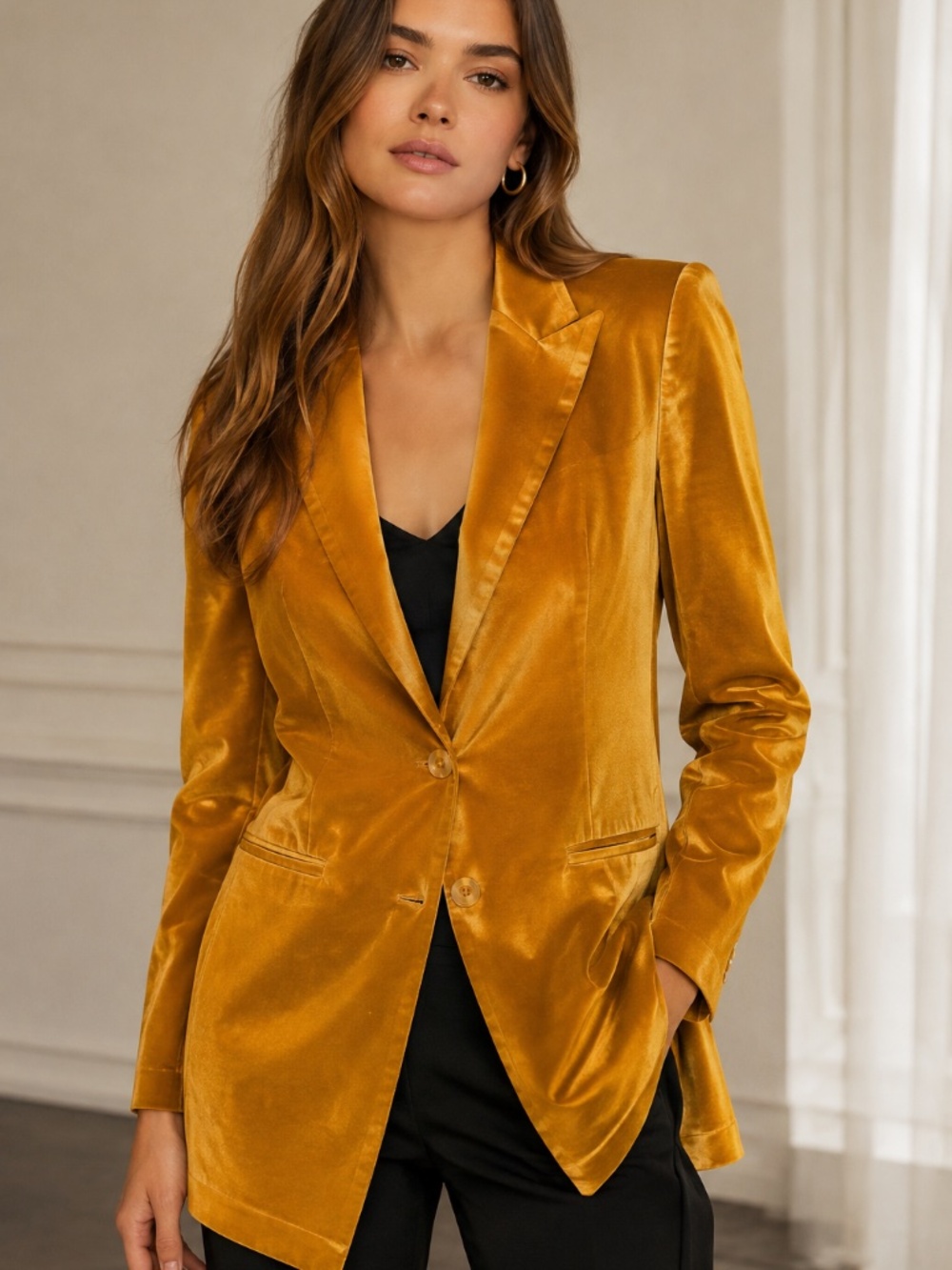 AS by DF Gold yellow Satin Longline Blazer Jacket Size L